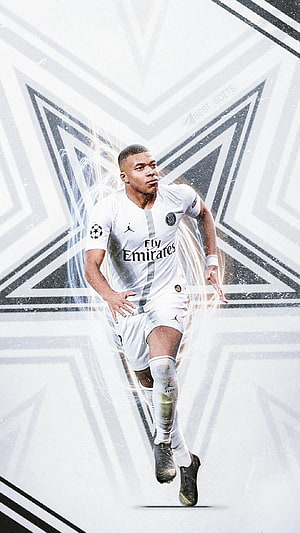Kylian Mbappé in Paris Saint-Germain White Away Kit Running on Geometric Background HD phone wallpaper