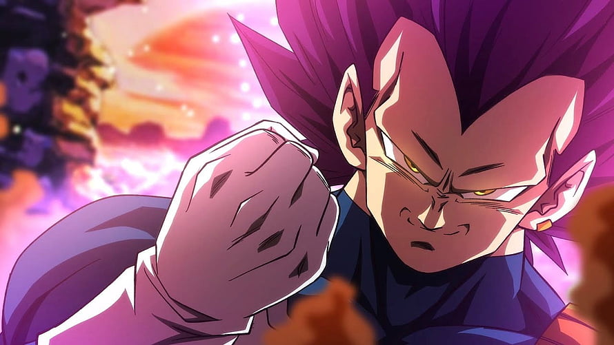 Vegeta Ultra Ego Form Anime Character with Fiery Purple Aura and Intense Battle Stance HD wallpaper