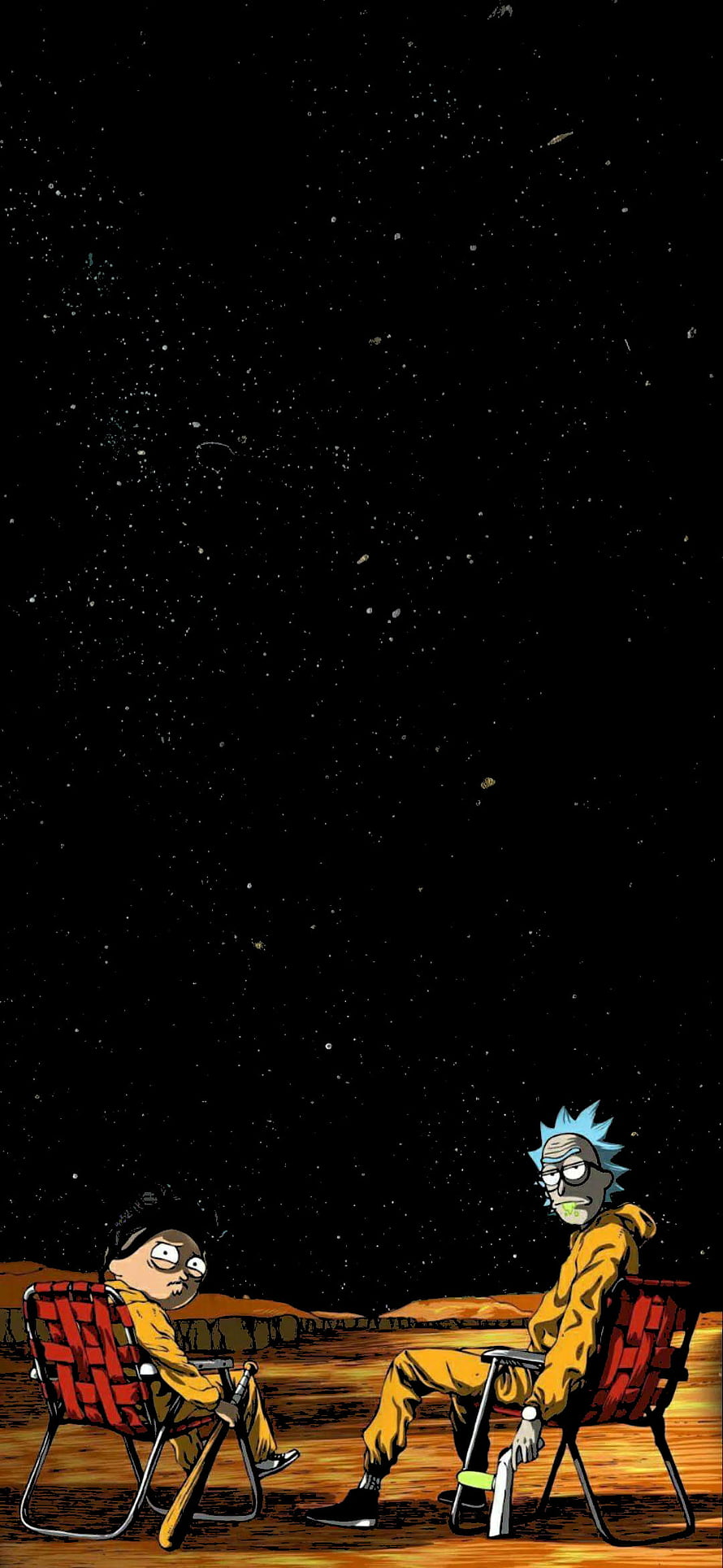 Rick Sanchez and Morty Smith Sitting in Camping Chairs Under a Starry Night Sky HD phone wallpaper
