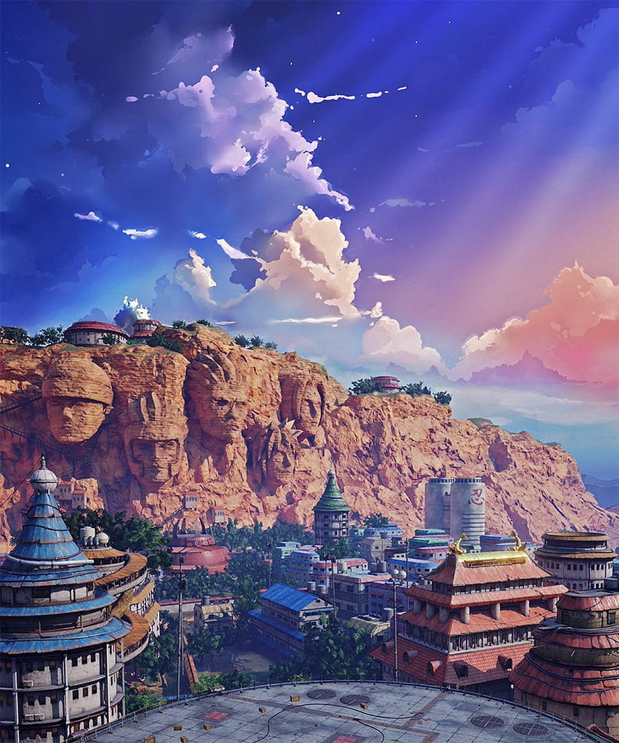 Anime Style Fantasy Cityscape with Giant Cliffside Faces and Colorful Sky HD phone wallpaper