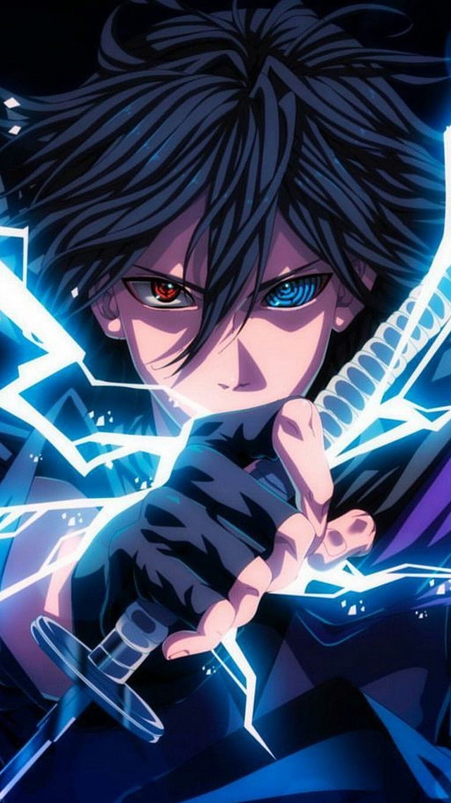 Anime Character With Heterochromia Eyes Holding Glowing Blue Sword HD phone wallpaper