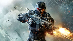 Tactical Soldier Firing Assault Rifle in Futuristic Combat Scene HD wallpaper