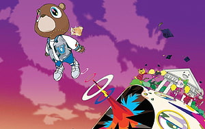 Kuma Bear from Ultraman Cosmos floating in purple sky with graduation ceremony scene, Kanye West Graduation, kanye graduation computer HD wallpaper