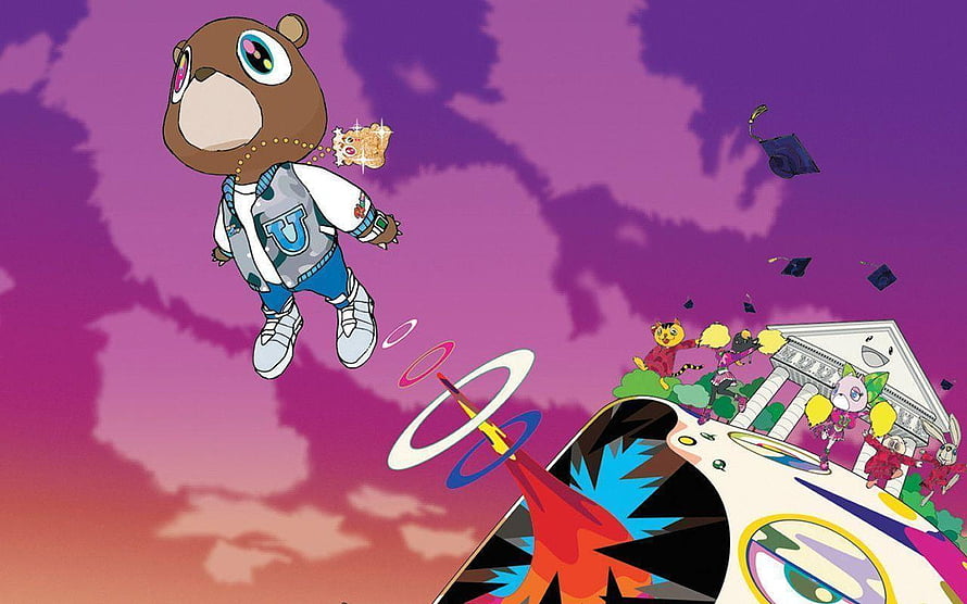 Kuma Bear from Ultraman Cosmos floating in purple sky with graduation ceremony scene, Kanye West Graduation, kanye graduation computer HD wallpaper