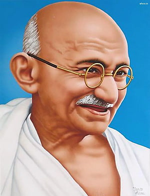 Mahatma Gandhi Portrait in White Dhoti with Round Glasses and Blue Background HD phone wallpaper
