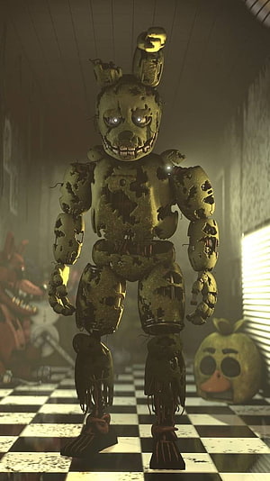 Withered Bonnie from Five Nights at Freddy's standing in a dimly lit hallway with checkered floor HD phone wallpaper