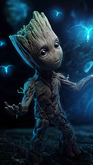 Baby Groot from Guardians of the Galaxy standing amidst glowing blue bioluminescent lights in a dark mystical forest setting HD phone wallpaper