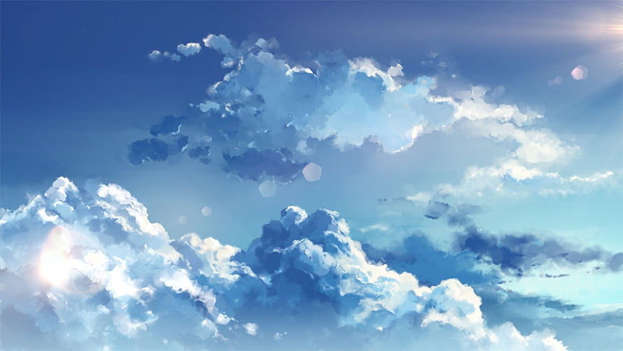 Serene Sky Blue Aesthetic With Fluffy Clouds And Sunlight Flare HD wallpaper