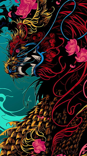 Vibrant Stylized Dragon Head With Golden Scales And Pink Roses HD phone wallpaper