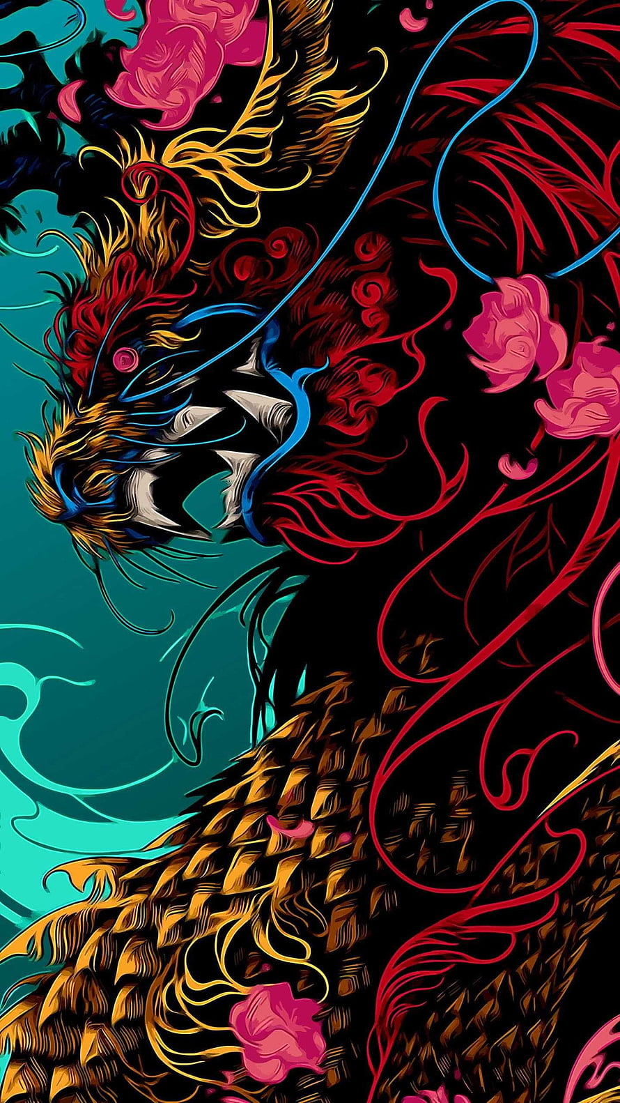 Vibrant Stylized Dragon Head With Golden Scales And Pink Roses HD phone wallpaper