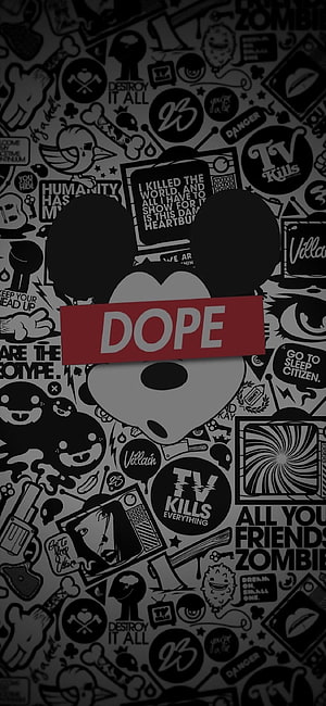 Mickey Mouse Silhouette With Dope Text On Sticker Bomb Background HD phone wallpaper