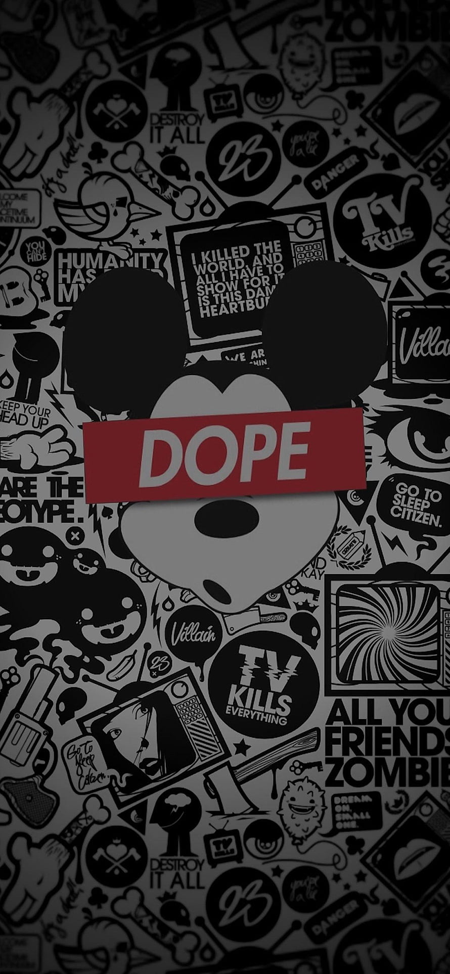 Mickey Mouse Silhouette With Dope Text On Sticker Bomb Background HD phone wallpaper