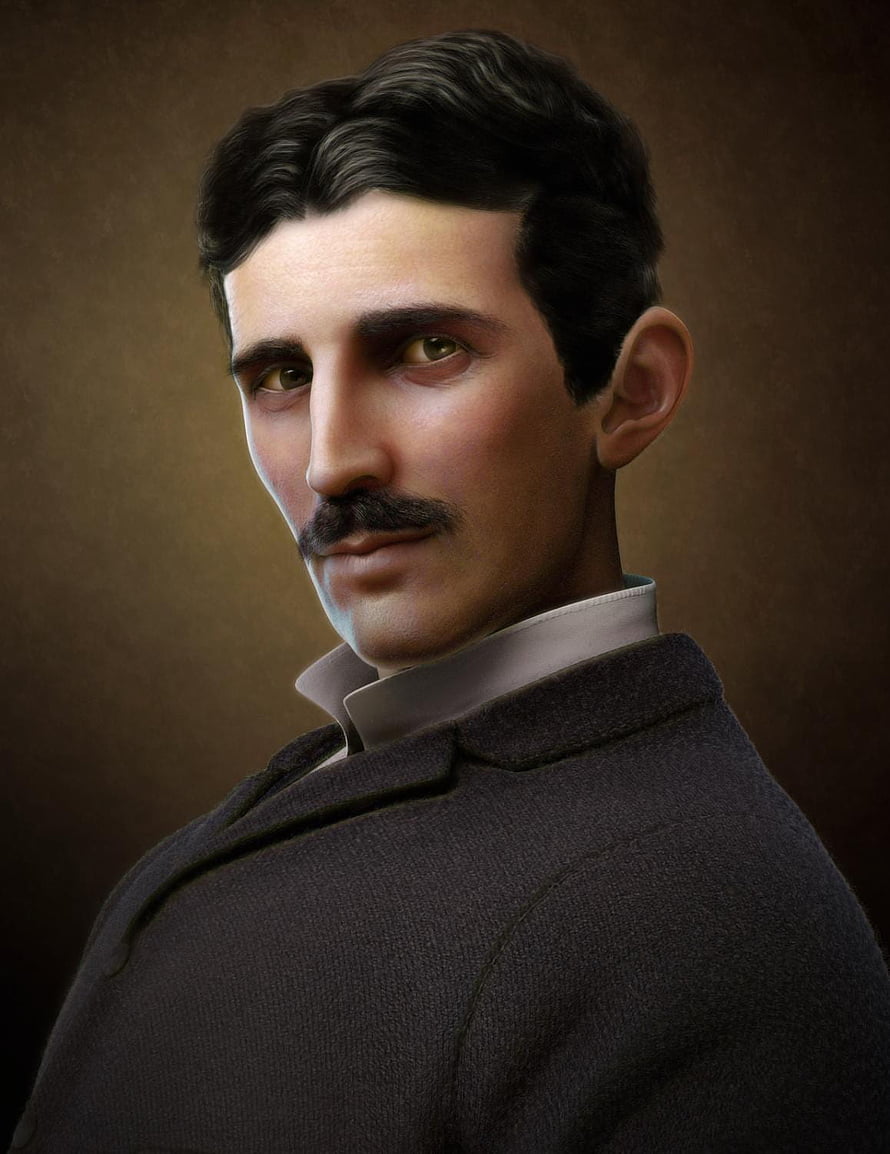Nikola Tesla Digital Portrait in Victorian Attire with Mustache and Dark Coat HD phone wallpaper