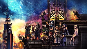 Kingdom Hearts III Ensemble Artwork Featuring Sora, Donald, Goofy, and Allies Against a Cosmic Sky HD wallpaper