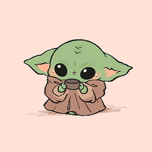 Chibi Baby Yoda Holding a Cup in a Brown Robe on a Soft Pink Background HD phone wallpaper
