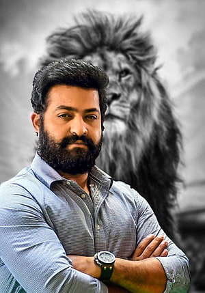 NTR Portrait With Lion Background In Blue Checkered Shirt HD phone wallpaper