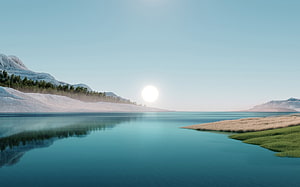 Serene Lake Landscape With Snowy Mountains And Bright Sun Reflection HD wallpaper