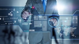 Businessman Interacting with Futuristic Holographic Business Analytics and Global Network Interface, Information Technology Backgrounds, #technology HD wallpaper