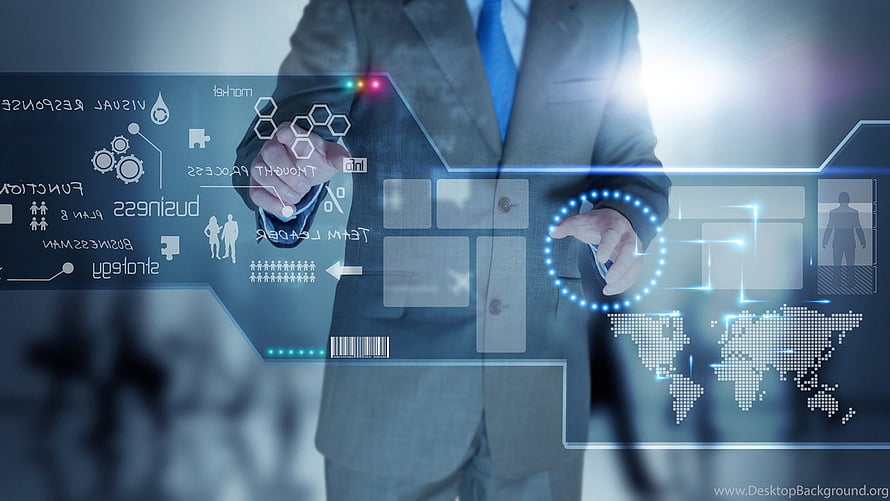 Businessman Interacting with Futuristic Holographic Business Analytics and Global Network Interface, Information Technology Backgrounds, #technology HD wallpaper