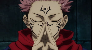 Ryomen Sukuna from Jujutsu Kaisen with closed eyes and hands pressed together in a dark setting HD wallpaper
