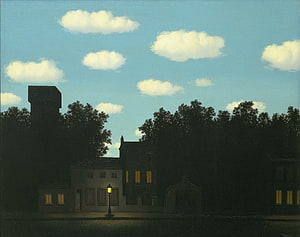 René Magritte Surrealist Painting of a Quiet Village Street at Dusk with Glowing Windows HD wallpaper