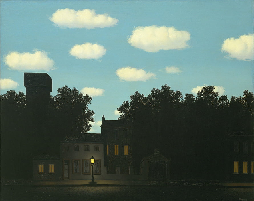 René Magritte Surrealist Painting of a Quiet Village Street at Dusk with Glowing Windows HD wallpaper