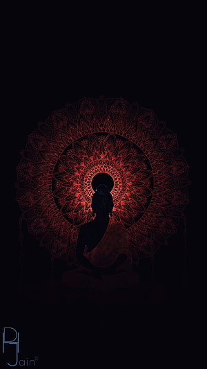 Buddha Silhouette with Red Mandala Halo on Black Background HD phone wallpaper