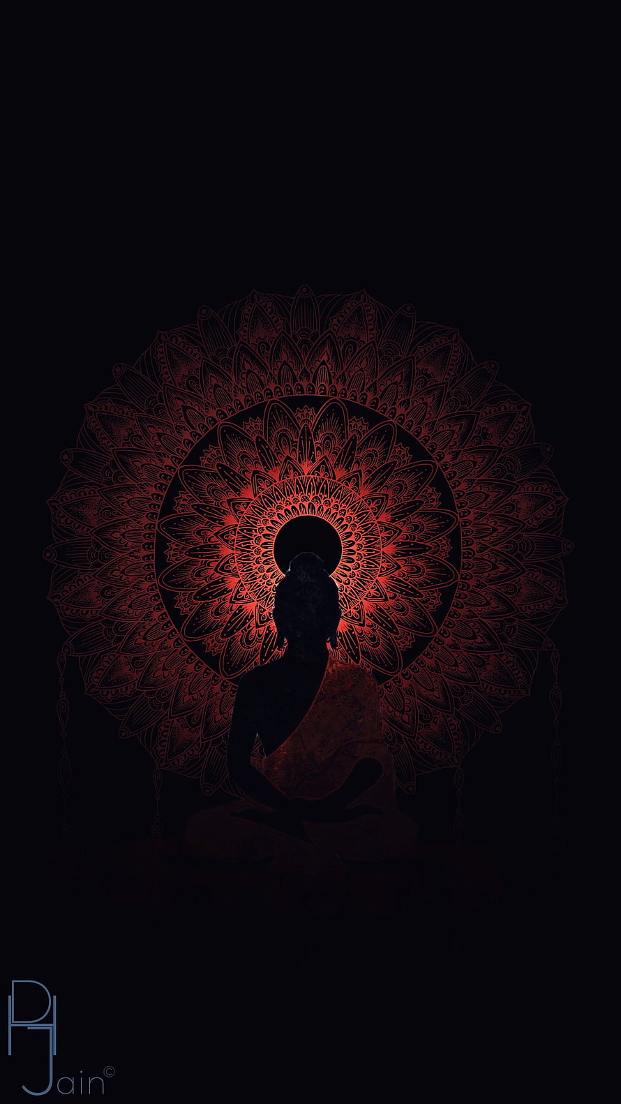 Buddha Silhouette with Red Mandala Halo on Black Background HD phone wallpaper