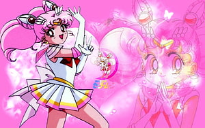Chibiusa in Sailor Chibi Moon Costume with Pink Heart Background and Sailor Moon Logo HD wallpaper