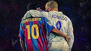 Ronaldo and Ronaldinho Embracing in FC Barcelona and Real Madrid Kits HD wallpaper