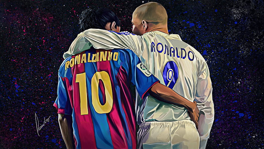 Ronaldo and Ronaldinho Embracing in FC Barcelona and Real Madrid Kits HD wallpaper