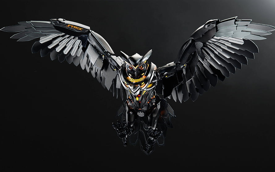 JTRIX Mechanical Owl Robot with Spread Wings and Glowing Orange Eyes HD wallpaper