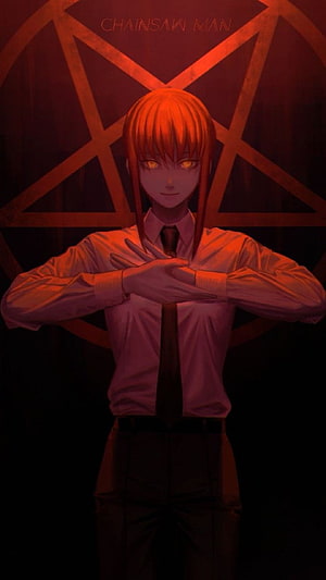 Makima from Chainsaw Man standing with crossed arms in front of a red pentagram symbol, Chainsaw Man Makima, makima HD phone wallpaper