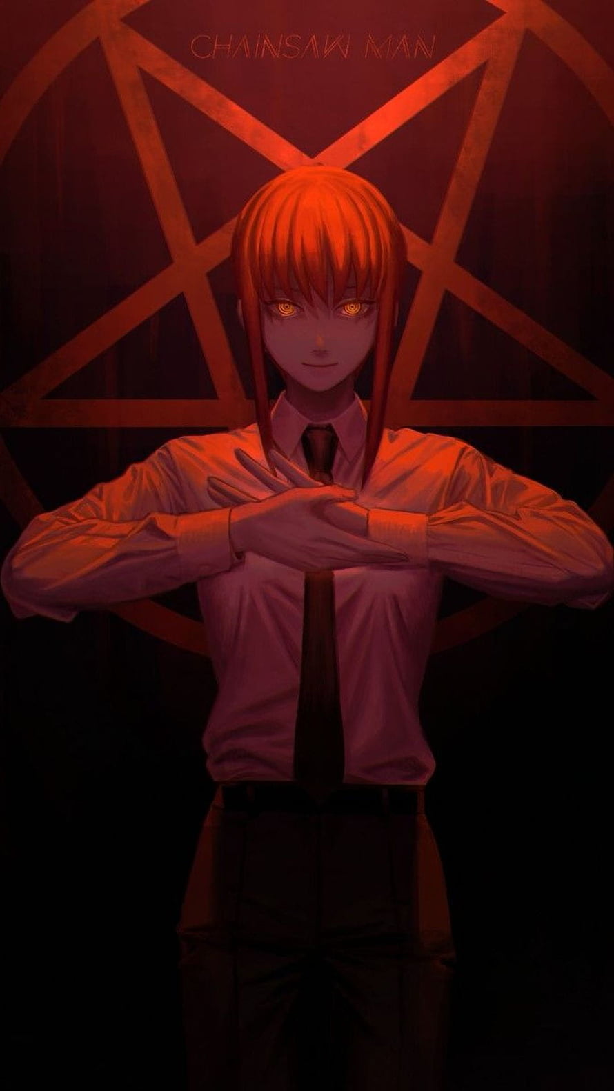 Makima from Chainsaw Man standing with crossed arms in front of a red pentagram symbol, Chainsaw Man Makima, makima HD phone wallpaper