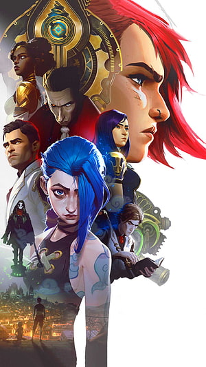 Arcane Ensemble Artwork Featuring Jinx, Vi, Caitlyn, and Silco in Stylized Fantasy Illustration HD phone wallpaper