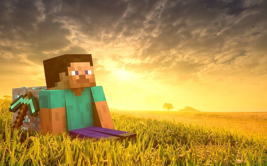 Steve from Minecraft sitting in a grassy field at sunset with a diamond pickaxe and chest HD wallpaper
