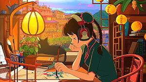 Anime Girl Painting at Desk with Headphones and Cat in Cozy Room HD wallpaper