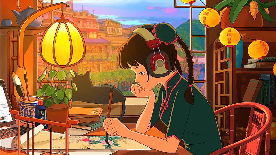 Anime Girl Painting at Desk with Headphones and Cat in Cozy Room HD wallpaper