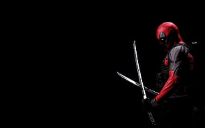 Deadpool in Red and Black Suit Holding Dual Swords Against Dark Background HD wallpaper