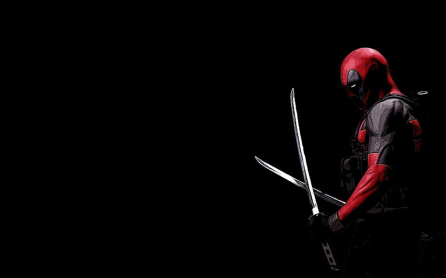 Deadpool in Red and Black Suit Holding Dual Swords Against Dark Background HD wallpaper