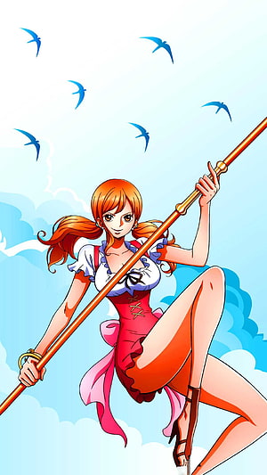 Nami from One Piece in a red dress holding a golden staff against a sky with blue birds HD phone wallpaper