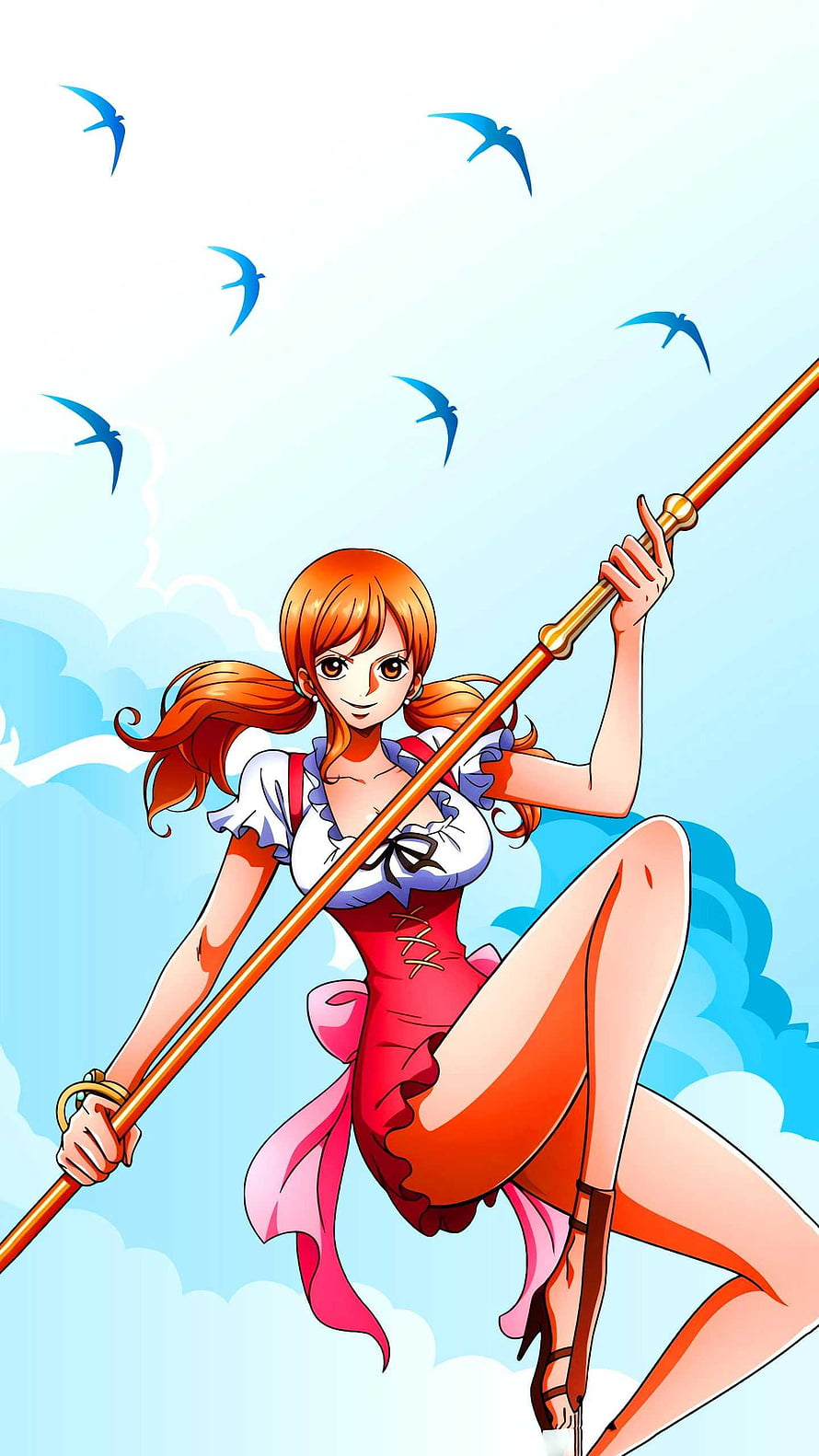 Nami from One Piece in a red dress holding a golden staff against a sky with blue birds HD phone wallpaper