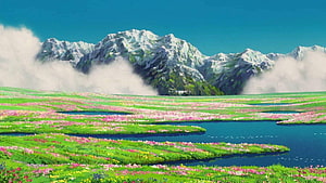 Vibrant Anime Landscape With Snowy Mountains And Flowery Meadow HD wallpaper