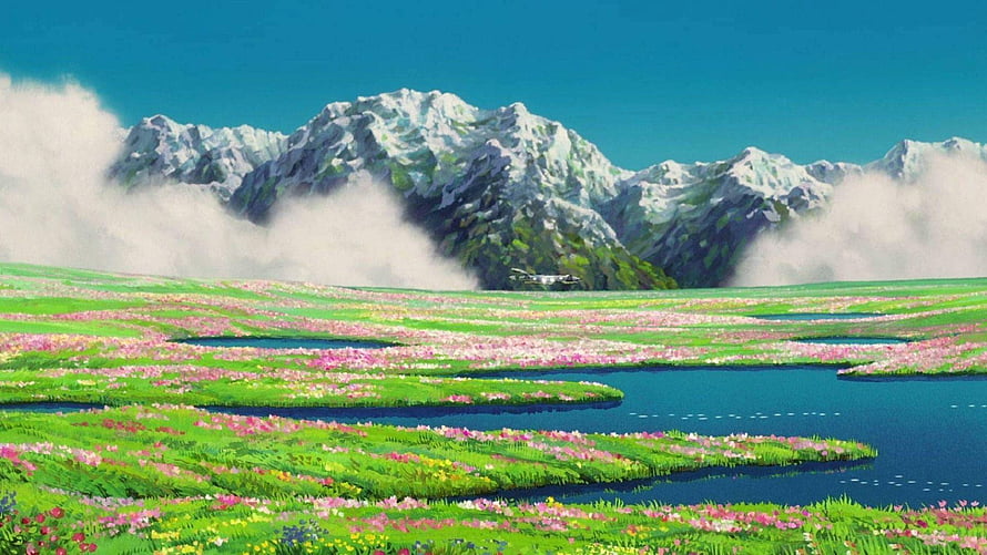 Vibrant Anime Landscape With Snowy Mountains And Flowery Meadow HD wallpaper
