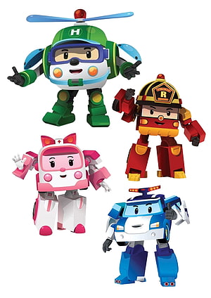 Robocar Poli Team Character Lineup with Helly, Roy, Amby, and Poli in Robot Mode HD phone wallpaper