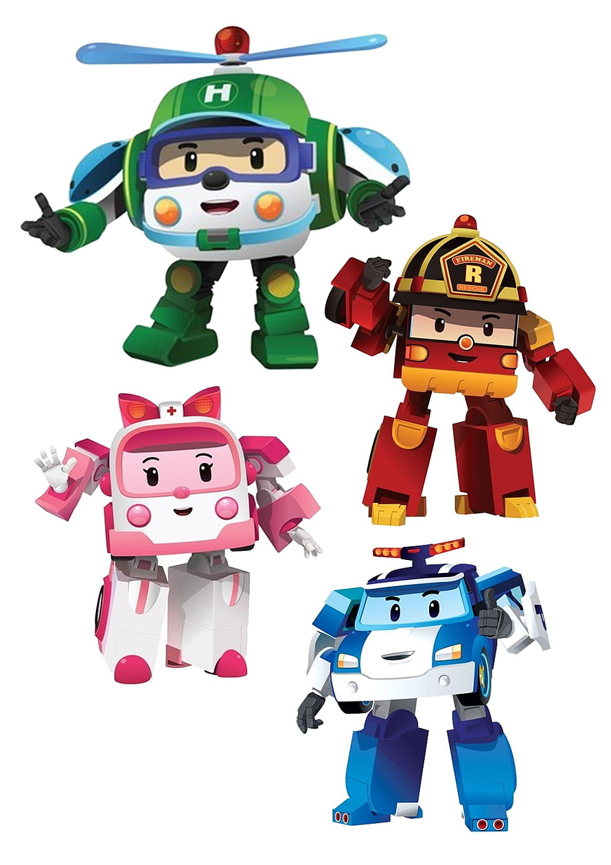 Robocar Poli Team Character Lineup with Helly, Roy, Amby, and Poli in Robot Mode HD phone wallpaper