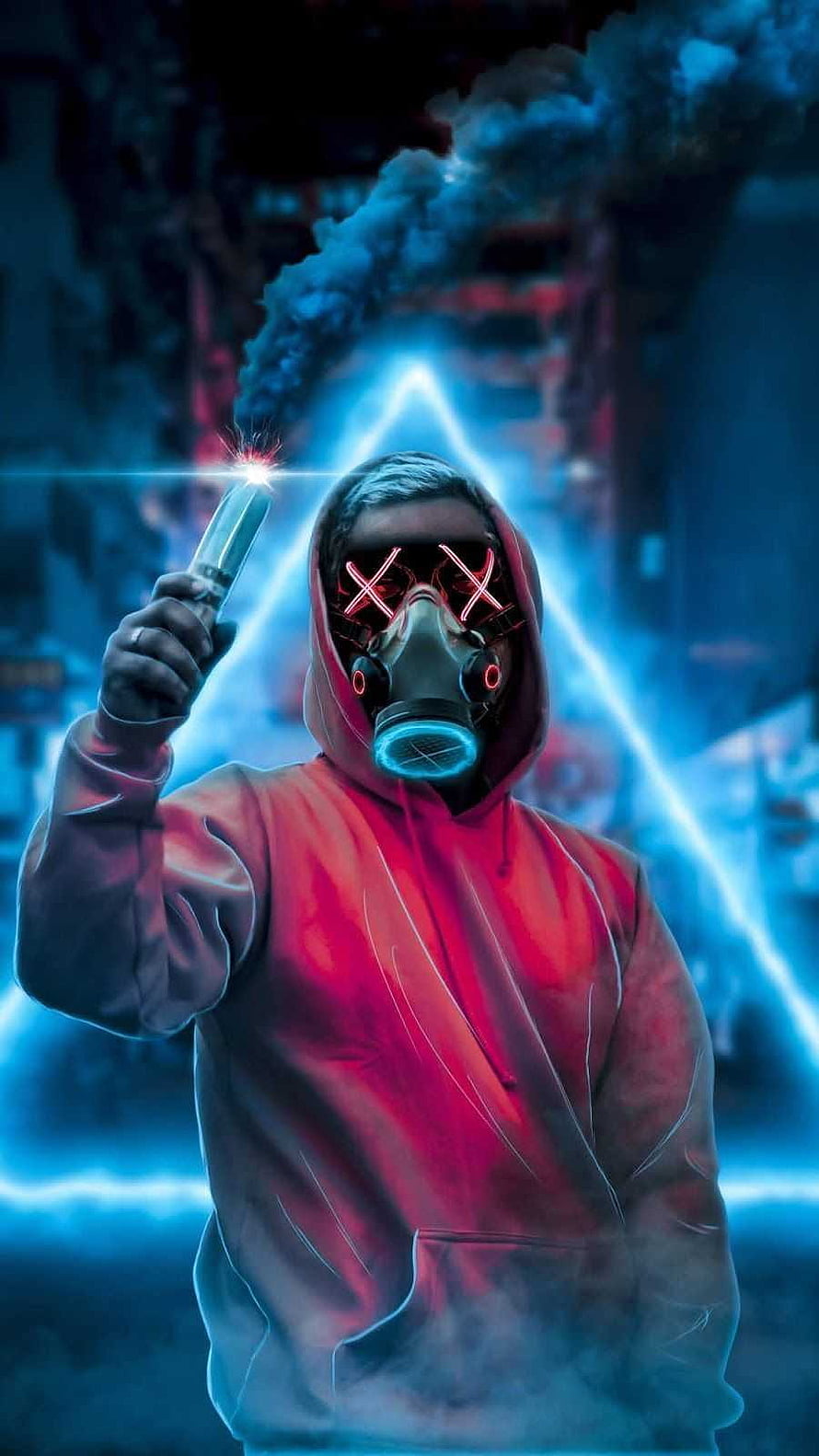 Cyberpunk Hacker in Red Hoodie and Gas Mask with Neon Lights HD phone wallpaper