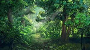 Sunlit Forest Path Digital Painting with Lush Green Canopy and Dappled Light HD wallpaper