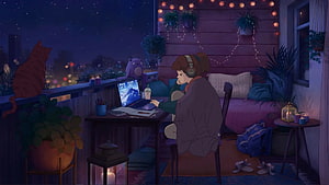 Cozy Anime Girl Working on Laptop at Night on a Plant-Filled Balcony with Cat and String Lights HD wallpaper