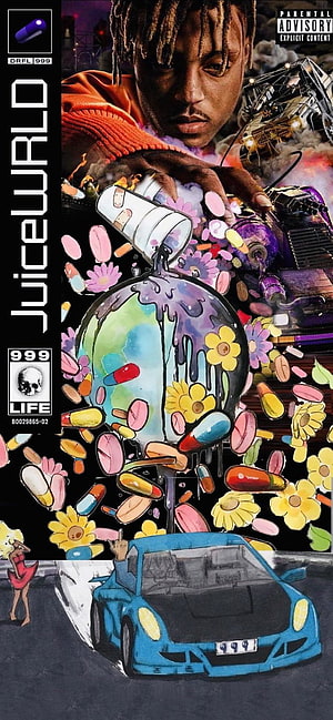 Juice WRLD 999 Life Album Cover Art with Pills, Flowers, and Blue Car Illustration HD phone wallpaper
